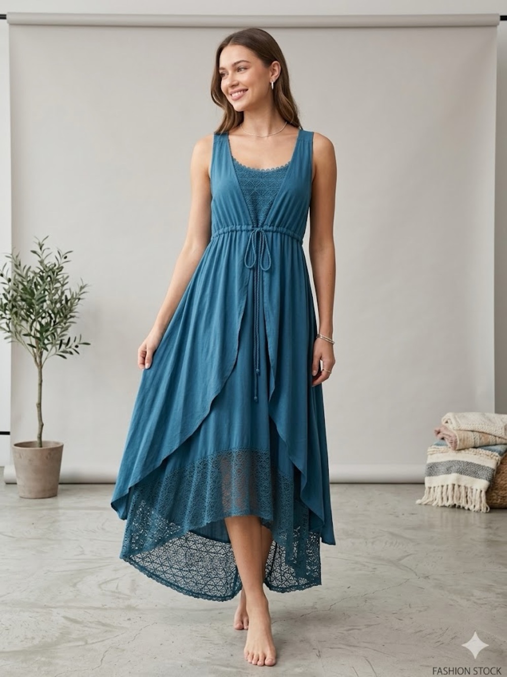 Bohemian Teal Layered Lace-Trim High-Low Dress